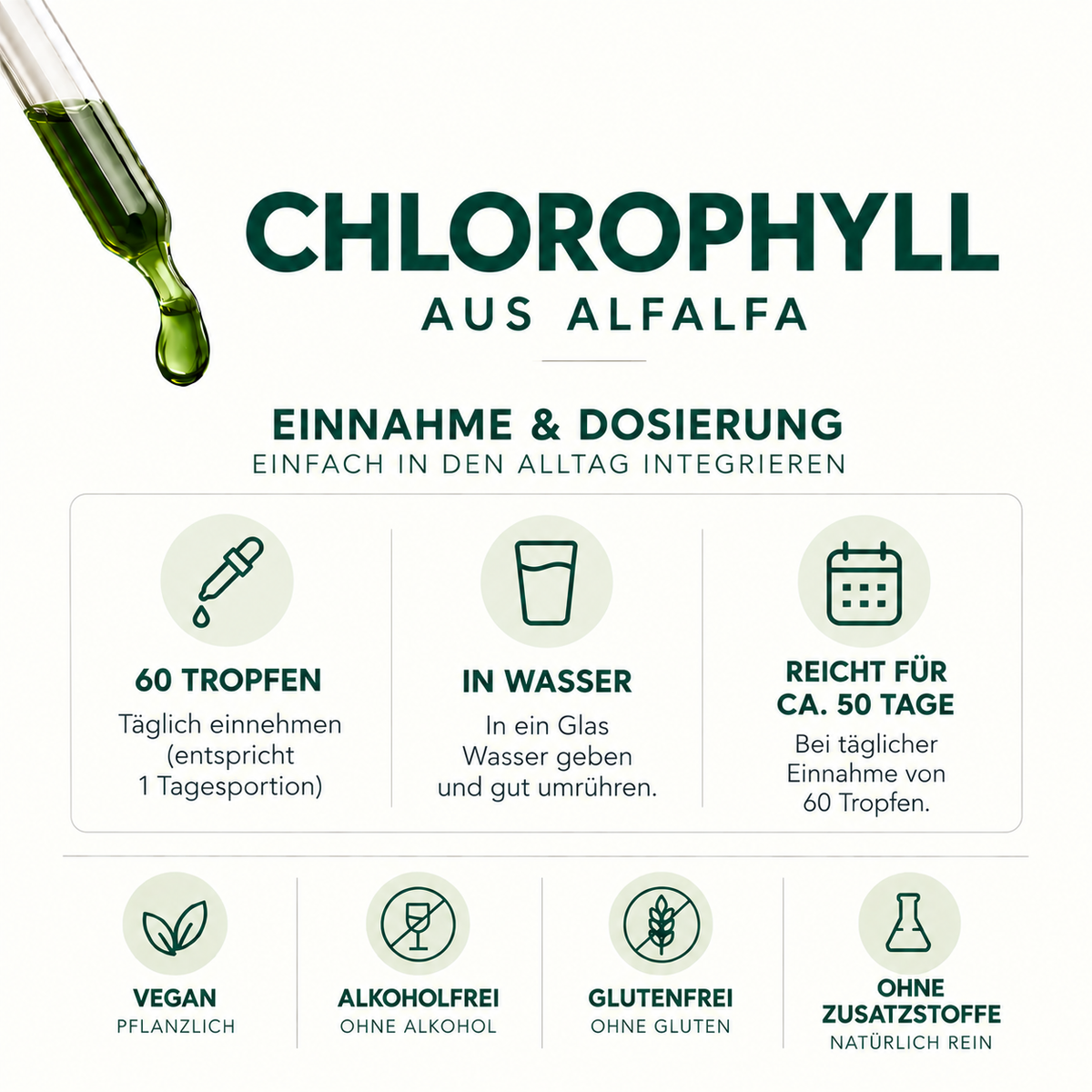 Freundnatur Chlorophyll-Tropfen: Einnahme und Dosierung, 60 Tropfen täglich in Wasser, Anwendung und Reichweite