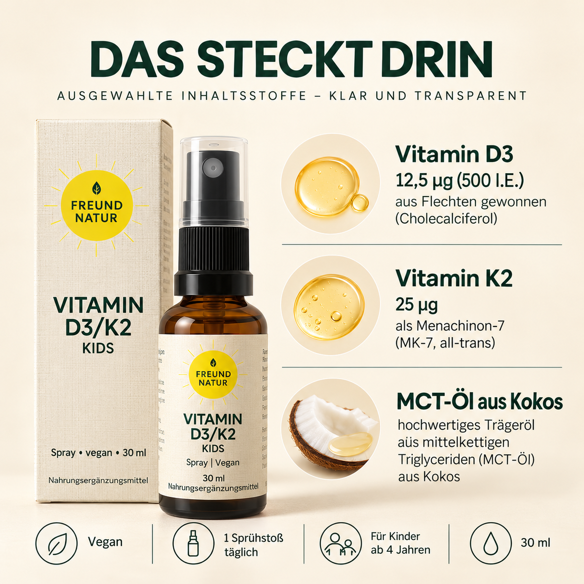 Freundnatur Vitamin D3 + K2 Kids: Vitamin D3 aus Flechten, Vitamin K2 als MK-7 und MCT-Öl aus Kokos