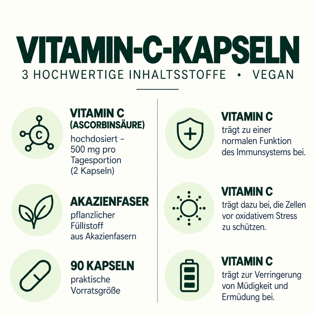 Vitamin-C-Kapseln: 500 mg Vitamin C pro Tagesportion, Akazienfaser als pflanzlicher Füllstoff und zugelassene Aussagen zu Immunsystem, oxidativem Stress und Müdigkeit