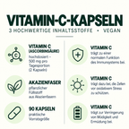 Vitamin-C-Kapseln: 500 mg Vitamin C pro Tagesportion, Akazienfaser als pflanzlicher Füllstoff und zugelassene Aussagen zu Immunsystem, oxidativem Stress und Müdigkeit