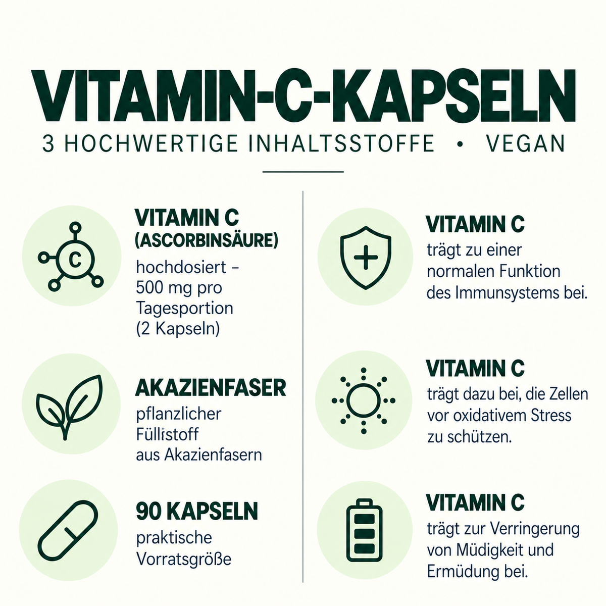 Vitamin-C-Kapseln: 500 mg Vitamin C pro Tagesportion, Akazienfaser als pflanzlicher Füllstoff und zugelassene Aussagen zu Immunsystem, oxidativem Stress und Müdigkeit