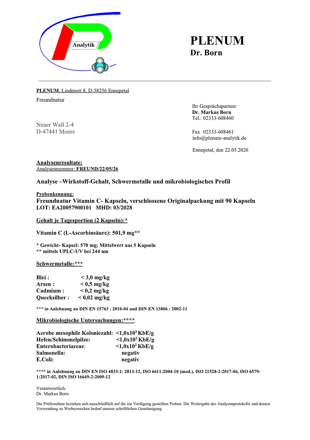 Laborbericht zu den Freundnatur Vitamin C Kapseln