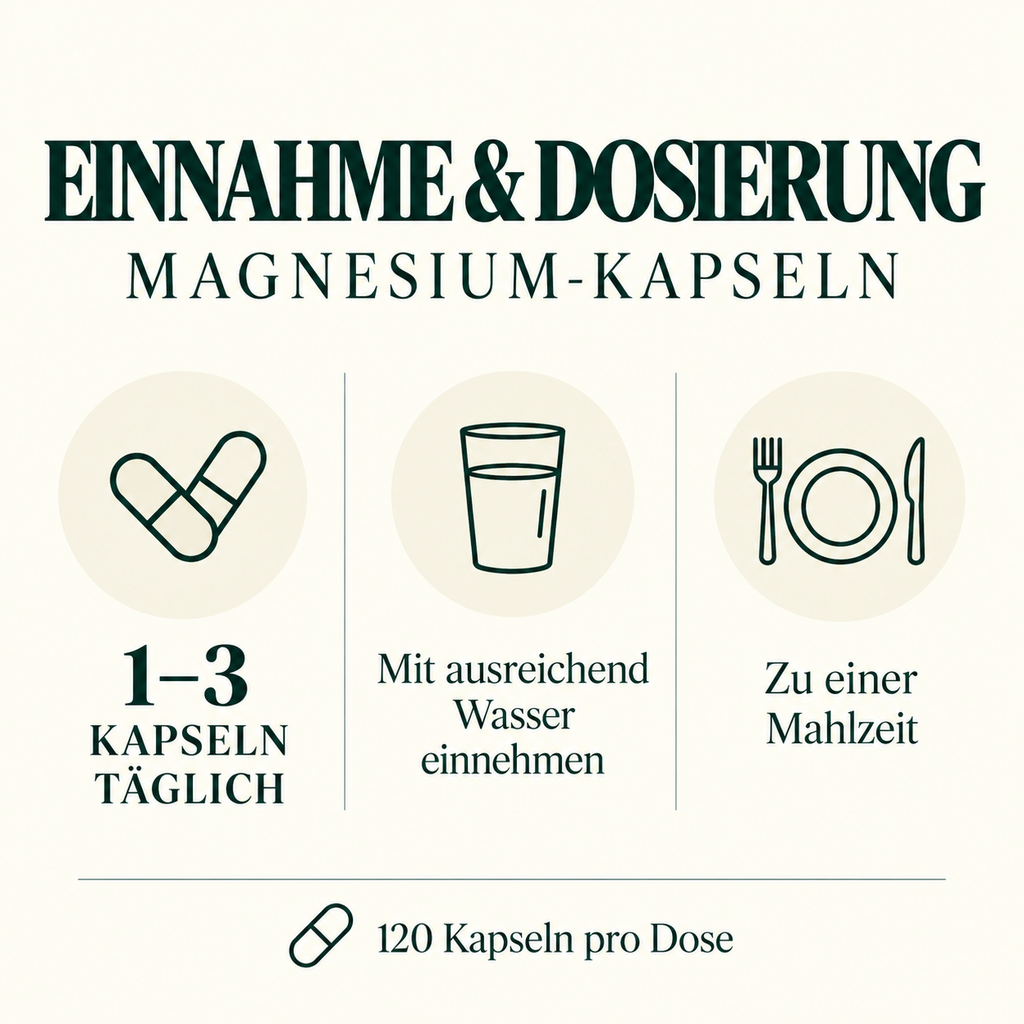 Einnahme der Freundnatur Magnesium-Kapseln: täglich 1–3 Kapseln mit ausreichend Wasser zu einer Mahlzeit; 120 Kapseln pro Dose