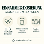 Einnahme der Freundnatur Magnesium-Kapseln: täglich 1–3 Kapseln mit ausreichend Wasser zu einer Mahlzeit; 120 Kapseln pro Dose