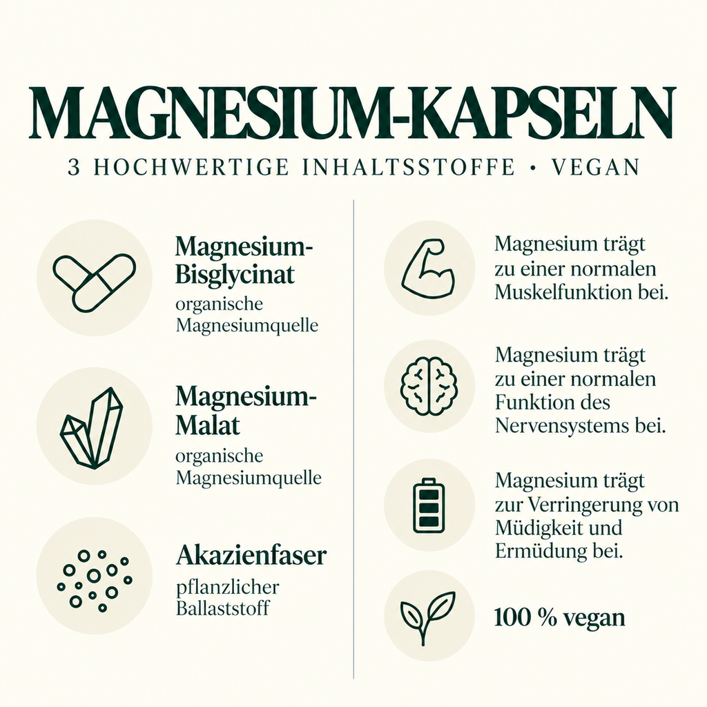Freundnatur Magnesium-Kapseln: Magnesiumbisglycinat, Magnesiummalat und Akazienfaser; vegane Rezeptur