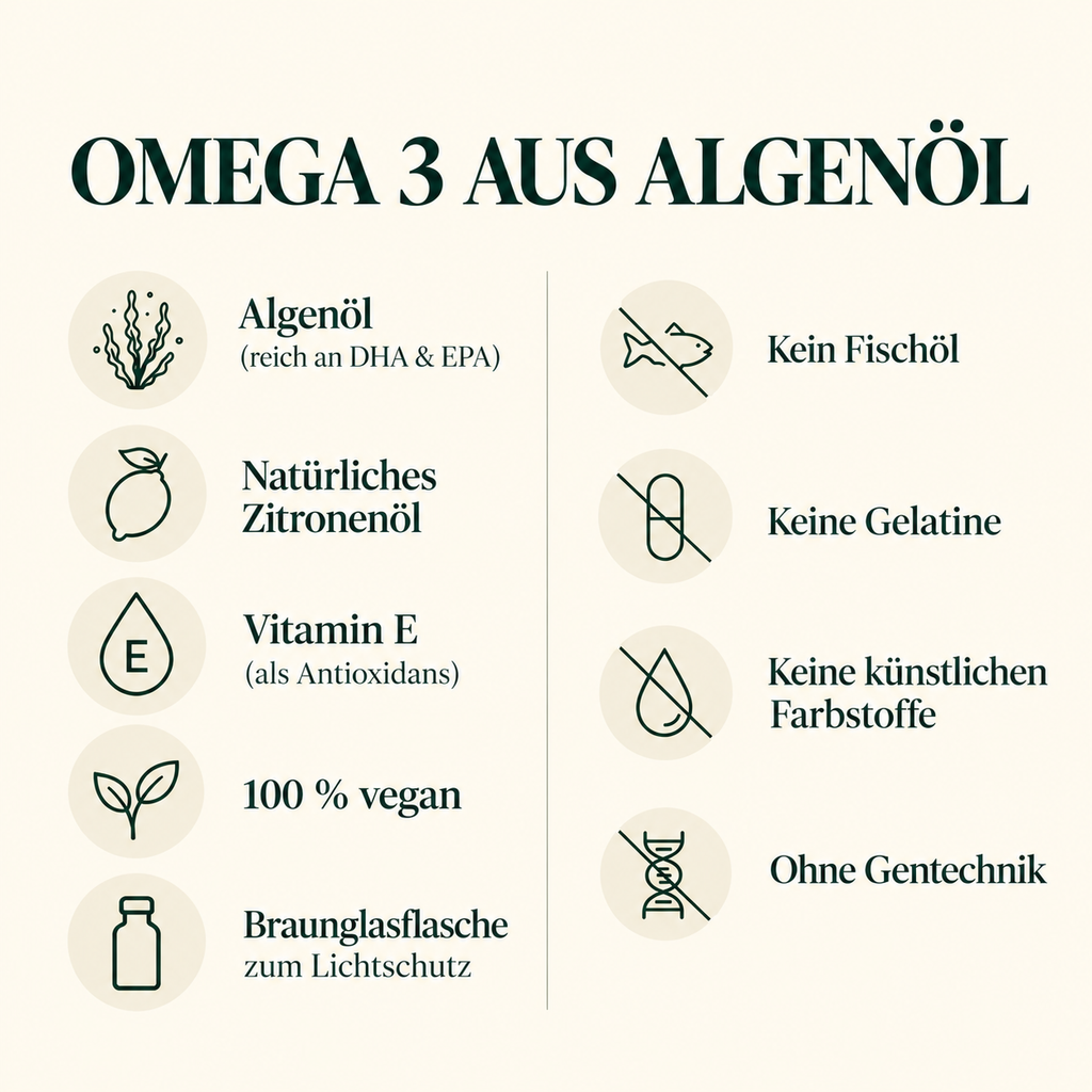 Eigenschaften der Freundnatur Omega-3-Algenöl-Tropfen: Algenöl mit DHA und EPA, Zitronenöl, Vitamin E, vegan und Braunglasflasche