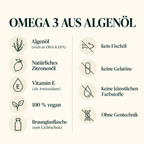 Eigenschaften der Freundnatur Omega-3-Algenöl-Tropfen: Algenöl mit DHA und EPA, Zitronenöl, Vitamin E, vegan und Braunglasflasche