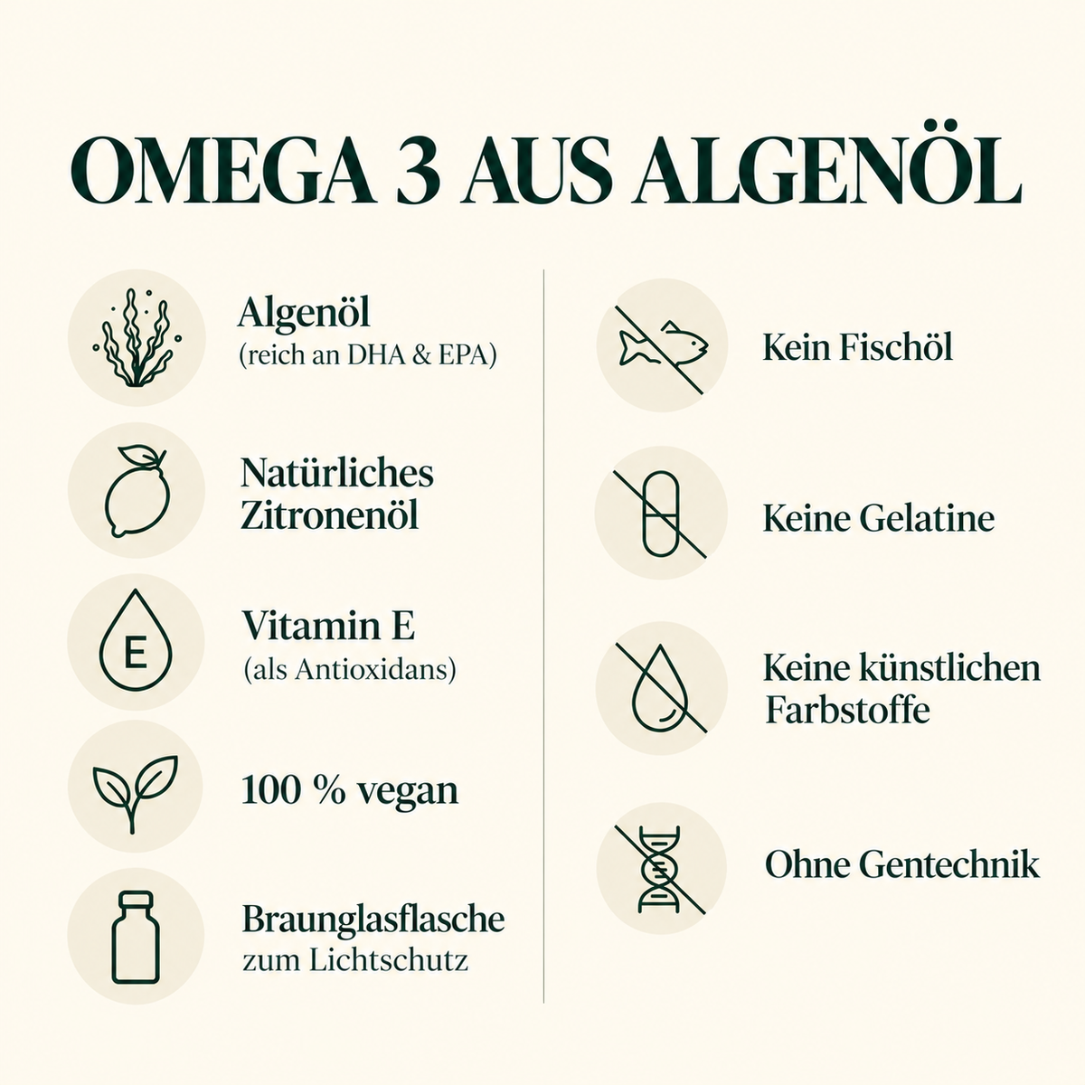 Eigenschaften der Freundnatur Omega-3-Algenöl-Tropfen: Algenöl mit DHA und EPA, Zitronenöl, Vitamin E, vegan und Braunglasflasche