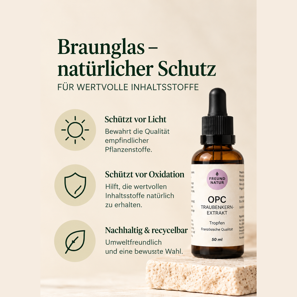 Freundnatur OPC-Traubenkernextrakt in Braunglas – Infografik zu Lichtschutz, Oxidation und Recycling
