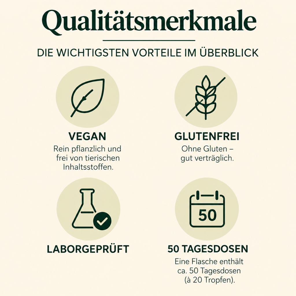 Qualitätsmerkmale der Freundnatur OPC-Tropfen: vegan, glutenfrei, laborgeprüft und 50 Tagesdosen