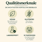 Qualitätsmerkmale der Freundnatur OPC-Tropfen: vegan, glutenfrei, laborgeprüft und 50 Tagesdosen