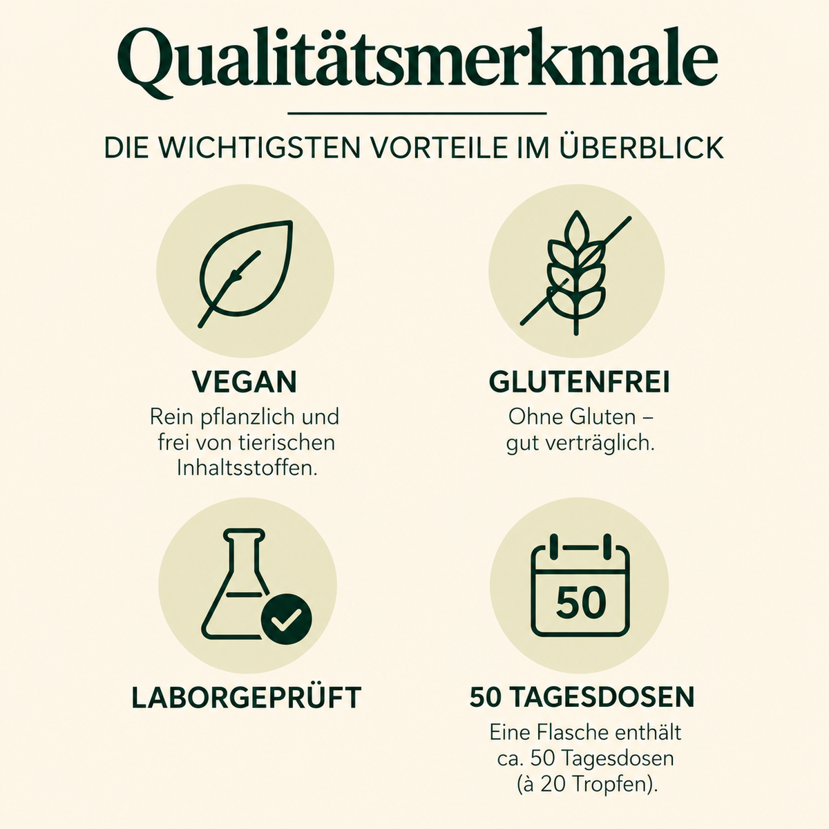 Qualitätsmerkmale der Freundnatur OPC-Tropfen: vegan, glutenfrei, laborgeprüft und 50 Tagesdosen